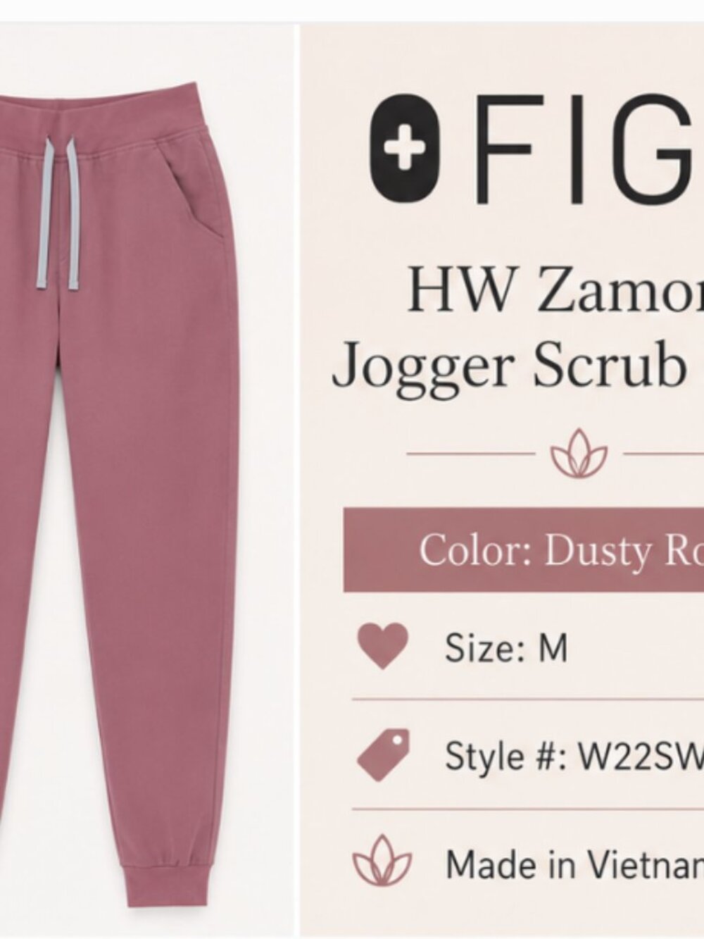 FIGS High-Waisted Zamora Jogger Scrub Pants Medium Regular Mauve Made in Vietnam